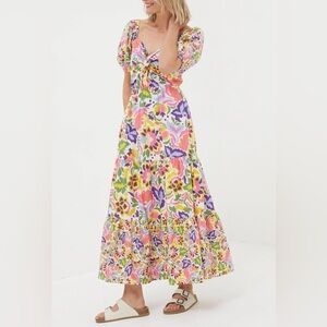 FatFace Natural Art Floral Midi Dress Floral Puff Sleeve tiered Maxi Dress 10 R